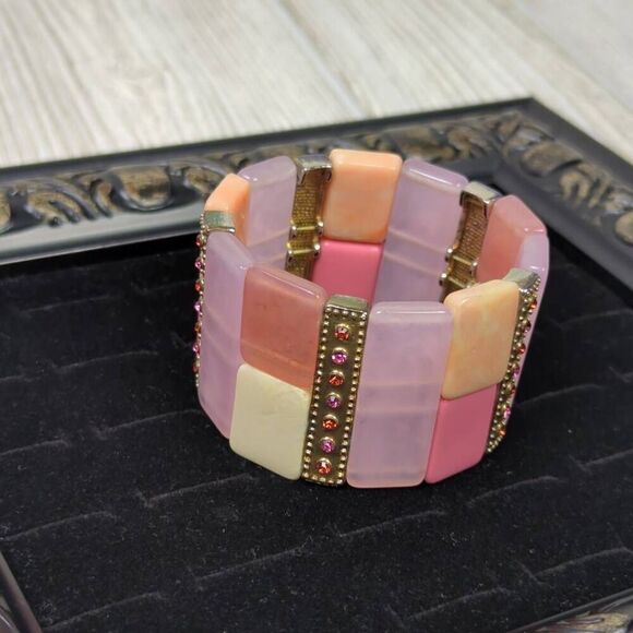 Chunky Multicolor Elastic Band Bracelet Pink Purple Gold Acrylic - Picture 2 of 4